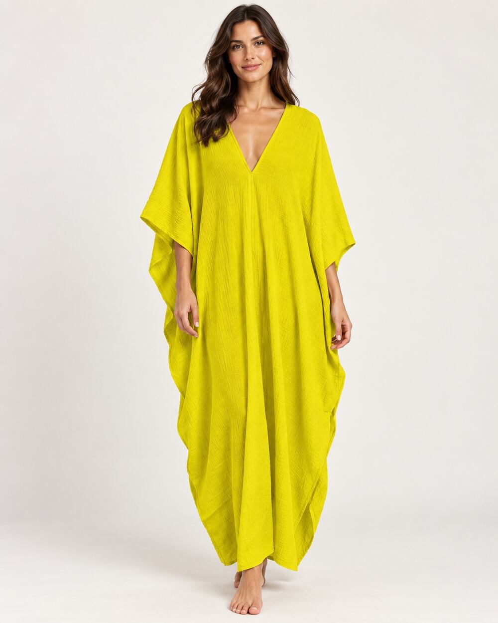 New Natori Onsen Cotton Caftan Dress Yellow Size Large